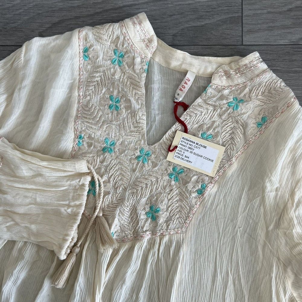 Raga Sample Rosanna Embroidered Blouse Boho Tassle Sleeve Blouse Size‎ Small